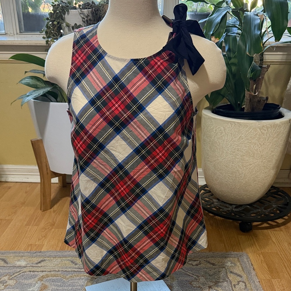 J. Crew Red and Blue Plaid Sleeveless Blouse with Bow